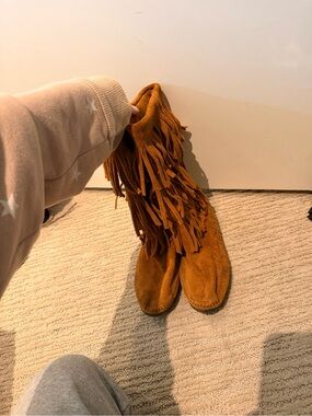 Fringe Suede Knee-High Boots in Cognac